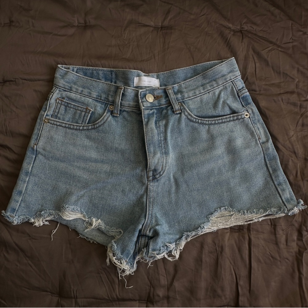 OAK + FORT Blue Jean Shorts Distressed High-Waisted
